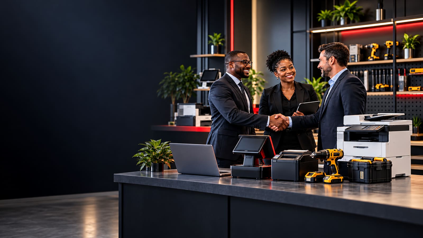 Business professionals shaking hands over a desk with laptops, point-of-sale equipment, tools and printers