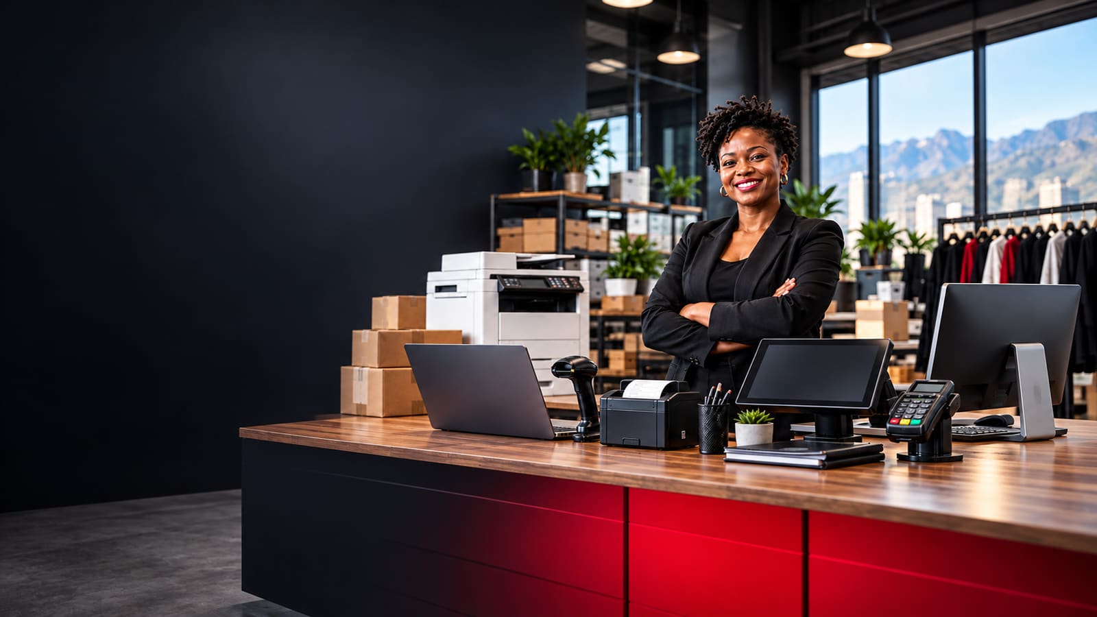 Business owner standing proudly behind the counter of her retail store