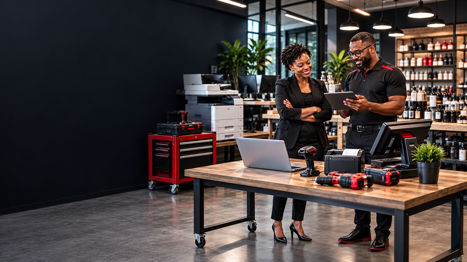 Two business professionals reviewing workshop and point-of-sale equipment on a tablet